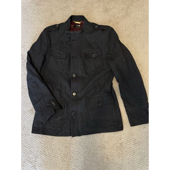 Zara Mens Cotton & Wool Blend Military Coat M Gray Red Lining